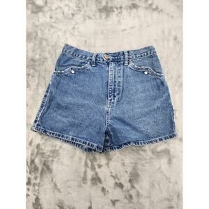 Vintage 80s Michael G High Rise Jean Shorts Size 16 W28 Blue Plaid Trim Cotton